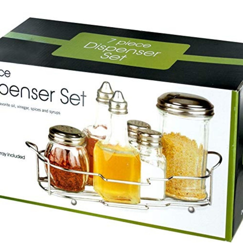 Glass Condiment Dispenser Set in Decorative Tray